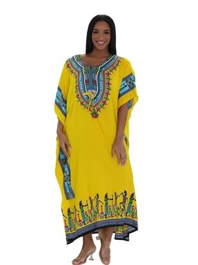 Advance Apparels Yellow Dashiki Kaftan with Blue Tribal Trim